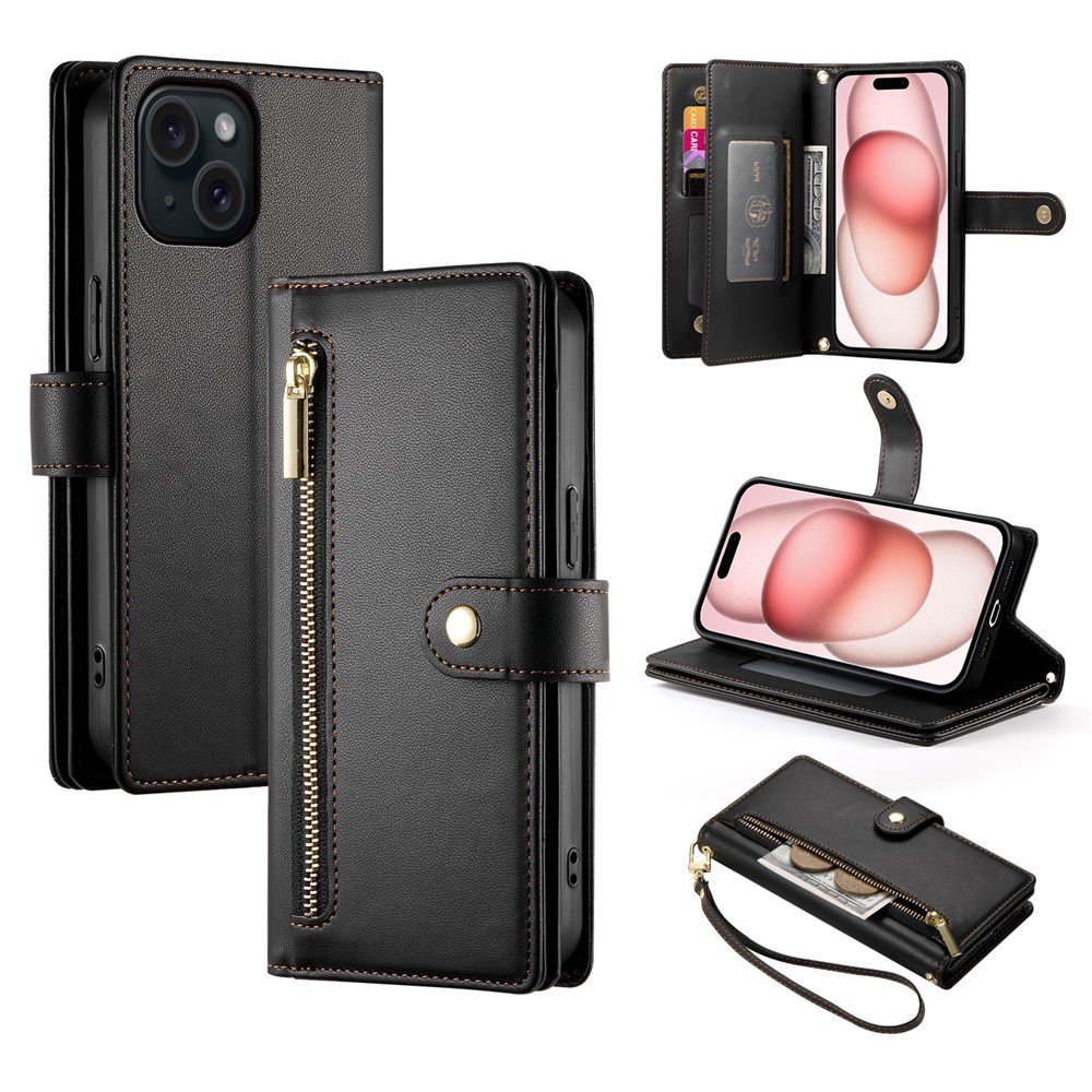 DF-011 For iPhone 15 Case Crossbody Leather Cover with Zipper Pocket Multiple Card Slots - Black