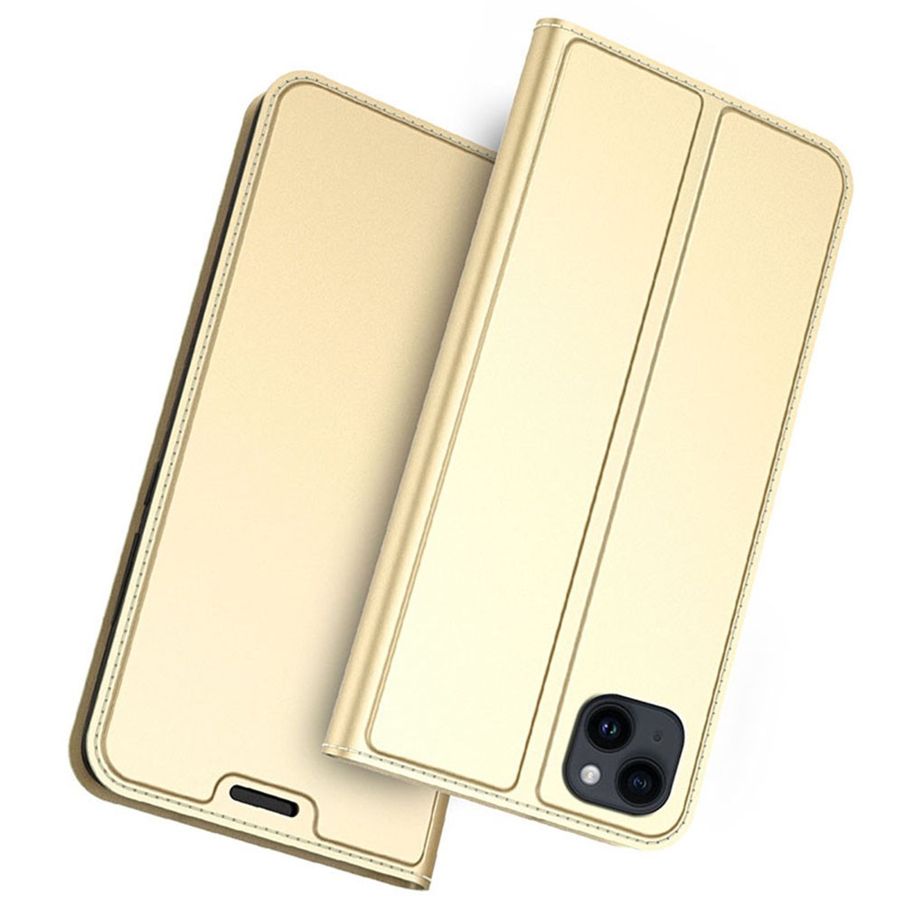 For iPhone 14 Case Magnetic Closure Leather Phone Cover Card Holder Viewing Stand - Gold