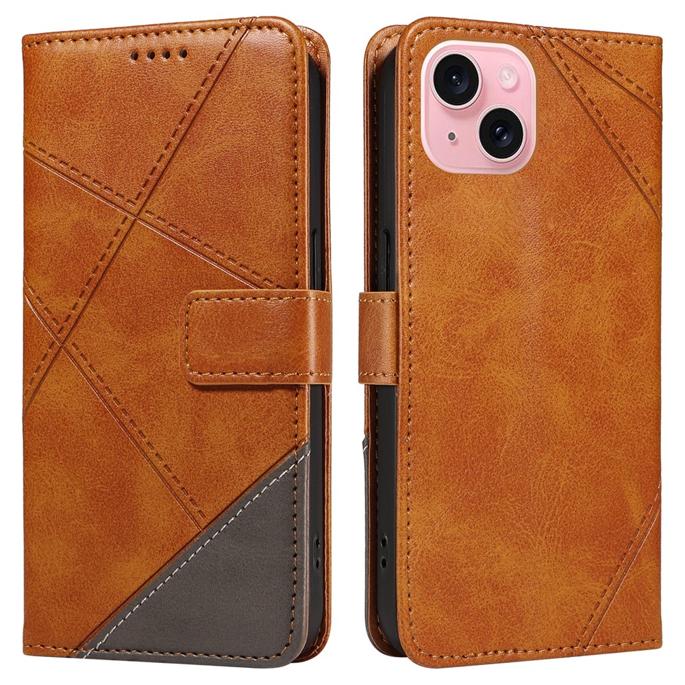 For iPhone 15 Case PU Leather Matte TPU Folio Wallet Phone Cover Geometric Lines - Brown