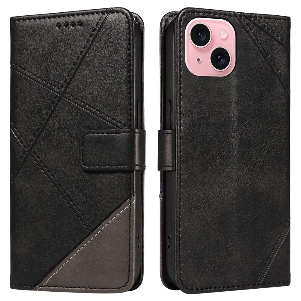 For iPhone 15 Case PU Leather Matte TPU Folio Wallet Phone Cover Geometric Lines - Black