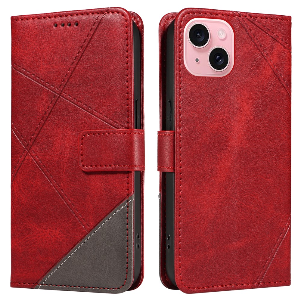 For iPhone 15 Case PU Leather Matte TPU Folio Wallet Phone Cover Geometric Lines - Red