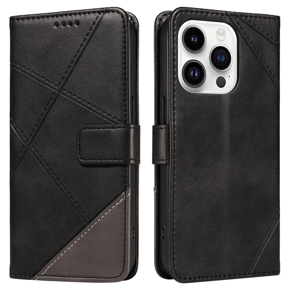 For iPhone 14 Pro Case PU Leather Geometric Lines Wallet Phone Cover Bookstyle Folding Stand - Black