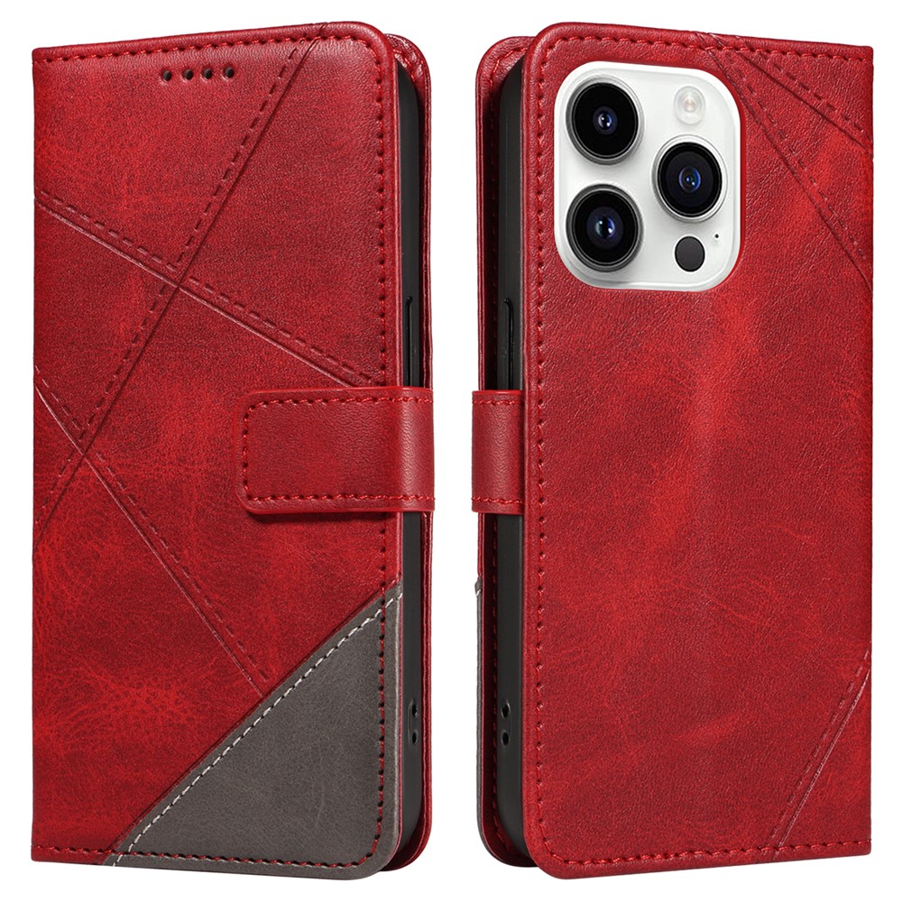 For iPhone 14 Pro Case PU Leather Geometric Lines Wallet Phone Cover Bookstyle Folding Stand - Red