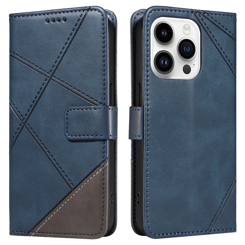 For iPhone 14 Pro Case PU Leather Geometric Lines Wallet Phone Cover Bookstyle Folding Stand - Blue