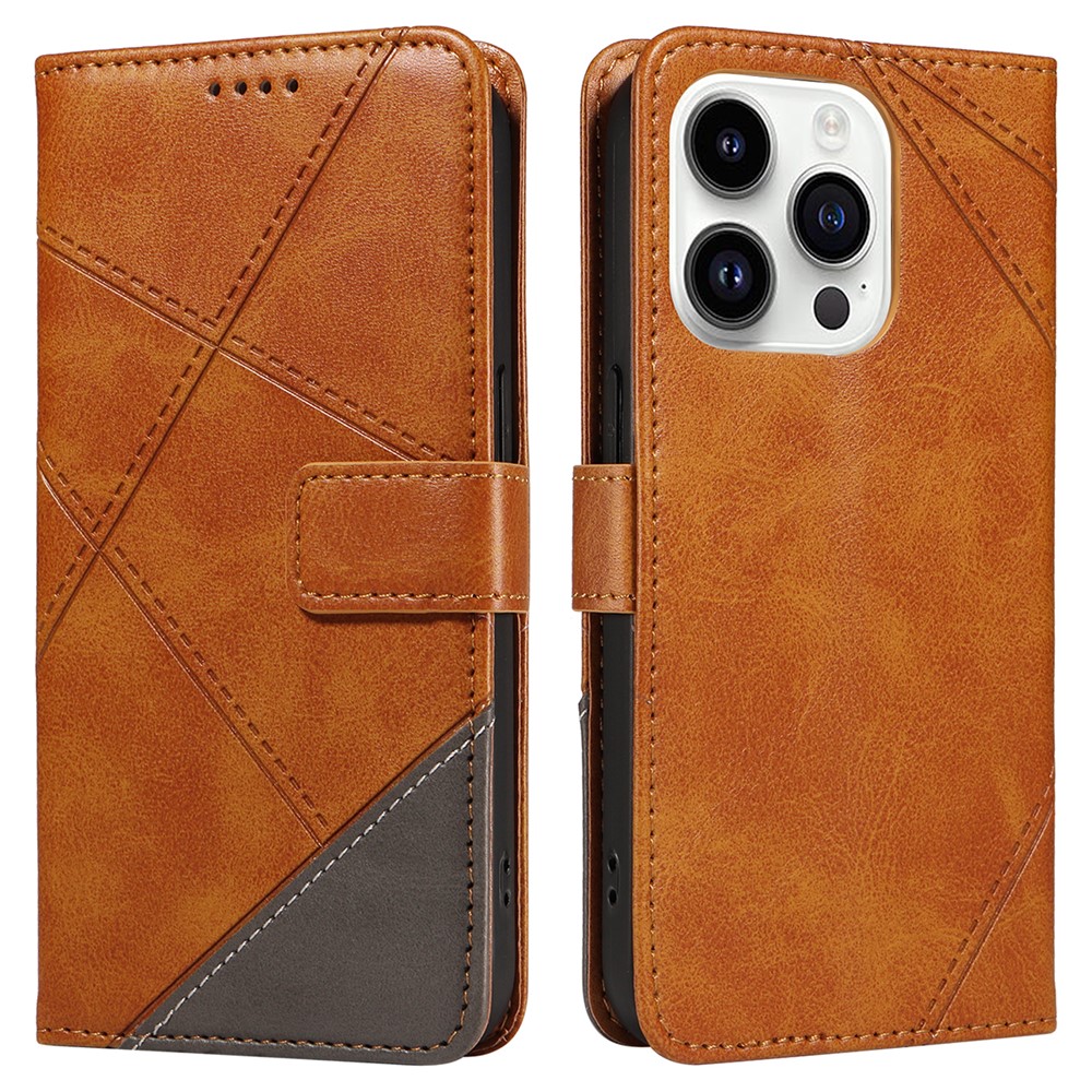 For iPhone 14 Pro Case PU Leather Geometric Lines Wallet Phone Cover Bookstyle Folding Stand - Brown