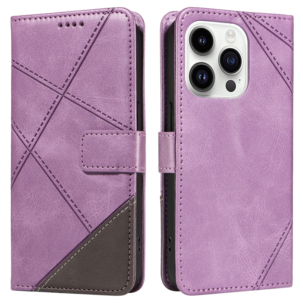 For iPhone 14 Pro Case PU Leather Geometric Lines Wallet Phone Cover Bookstyle Folding Stand - Purple