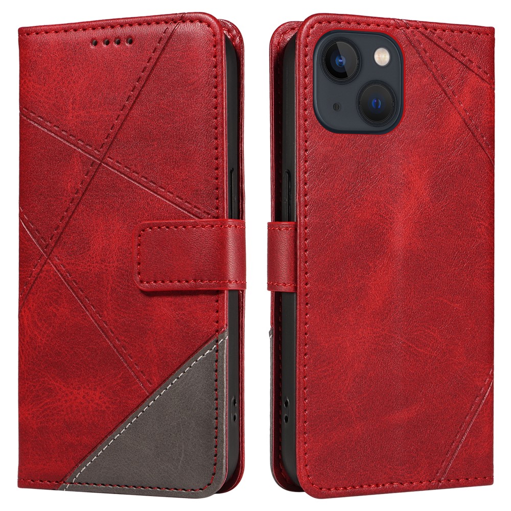 For iPhone 14 Case Wallet Geometric PU Leather Phone Cover Calf Texture - Red