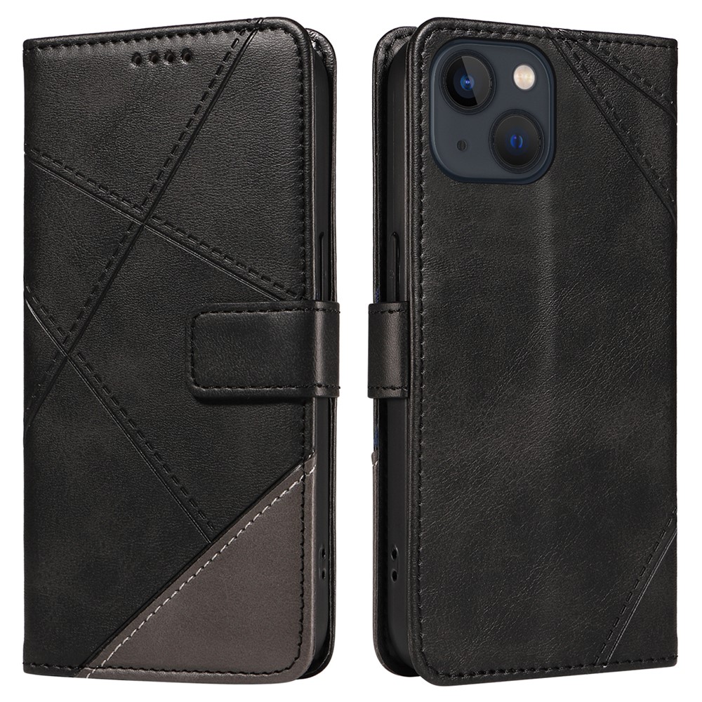 For iPhone 14 Case Wallet Geometric PU Leather Phone Cover Calf Texture - Black