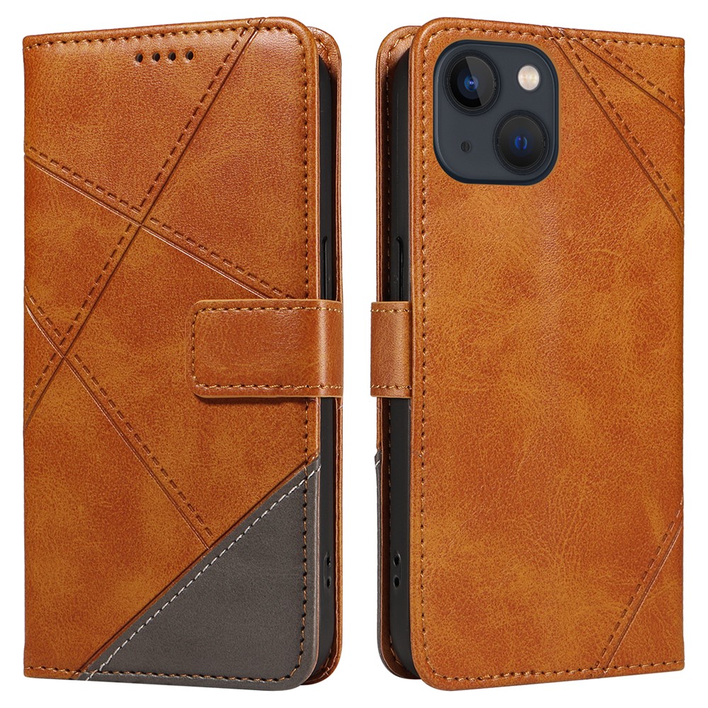 For iPhone 14 Case Wallet Geometric PU Leather Phone Cover Calf Texture - Brown