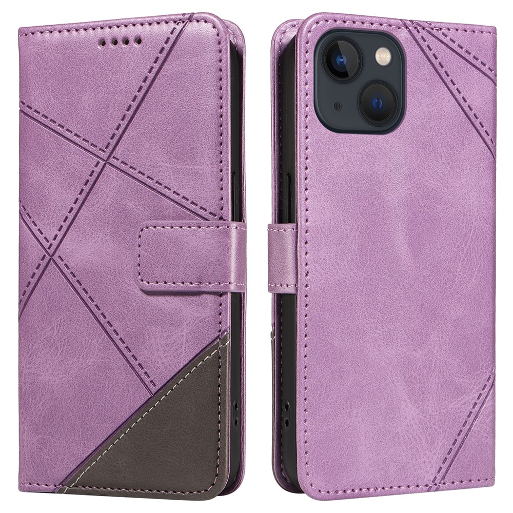 For iPhone 14 Case Wallet Geometric PU Leather Phone Cover Calf Texture - Purple