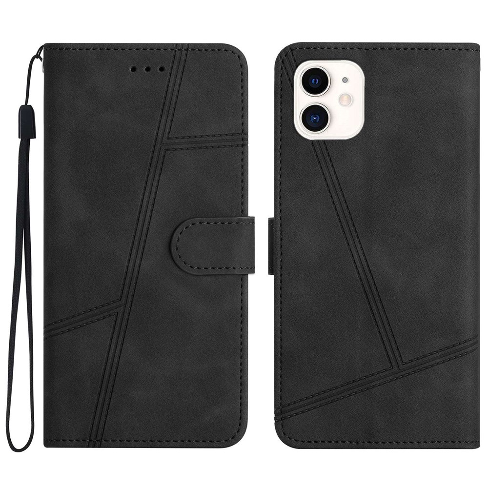 For iPhone 12 mini 5.4 inch Wallet Design Skin-touch Feeling Vintage PU Leather Phone Cover Lines Imprinted Flip Stand Shell Case - Black