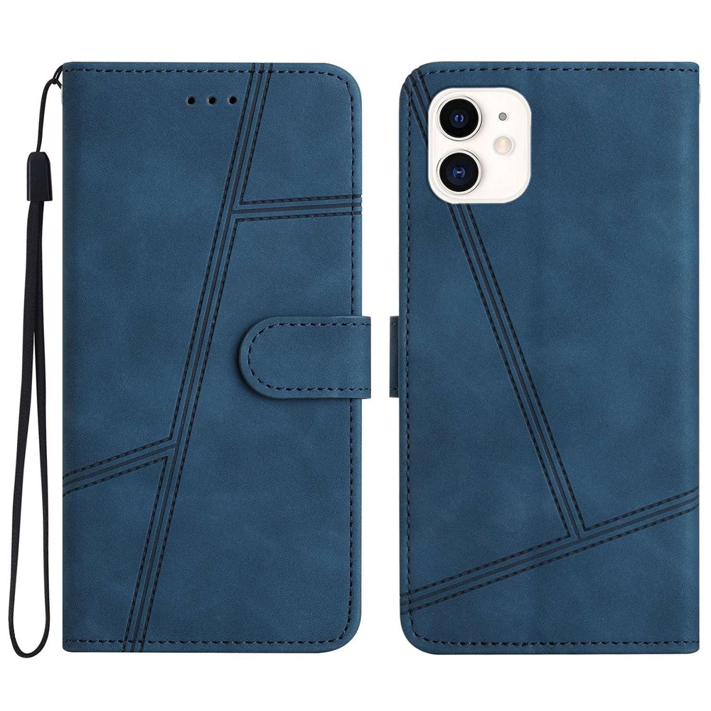 For iPhone 12 mini 5.4 inch Wallet Design Skin-touch Feeling Vintage PU Leather Phone Cover Lines Imprinted Flip Stand Shell Case - Blue