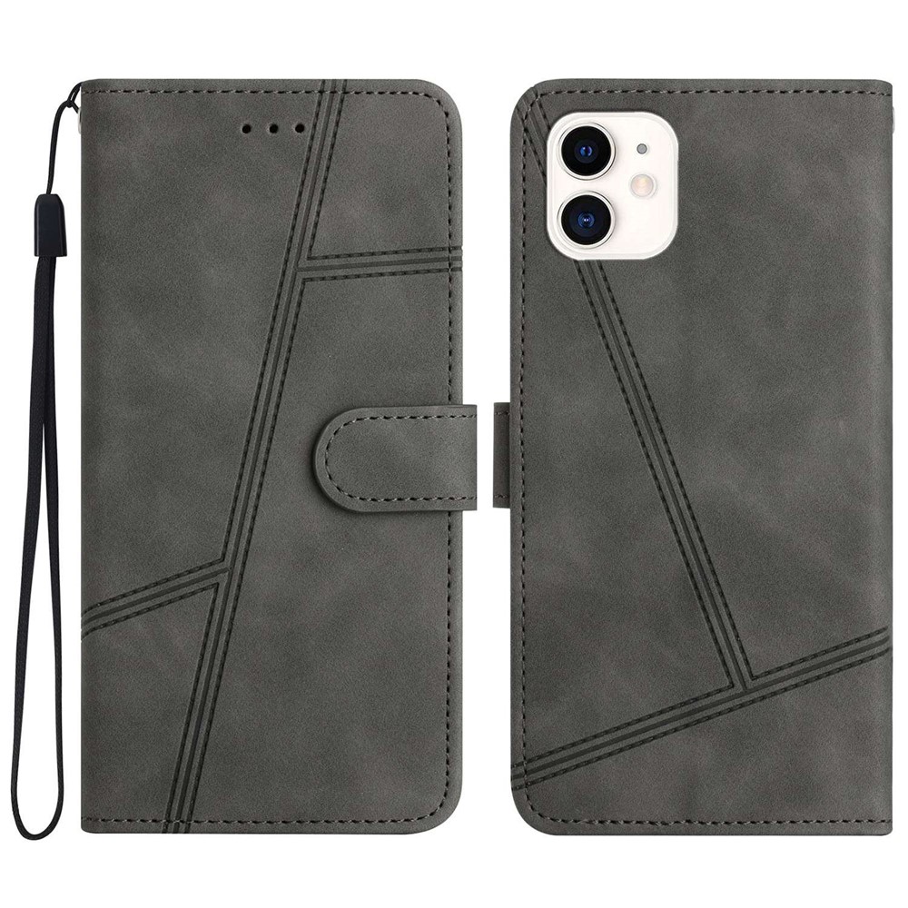 For iPhone 12 mini 5.4 inch Wallet Design Skin-touch Feeling Vintage PU Leather Phone Cover Lines Imprinted Flip Stand Shell Case - Grey