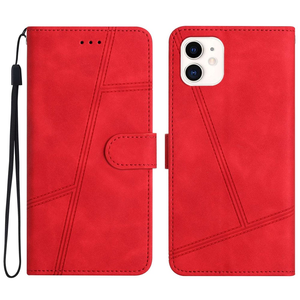 For iPhone 12 mini 5.4 inch Wallet Design Skin-touch Feeling Vintage PU Leather Phone Cover Lines Imprinted Flip Stand Shell Case - Red