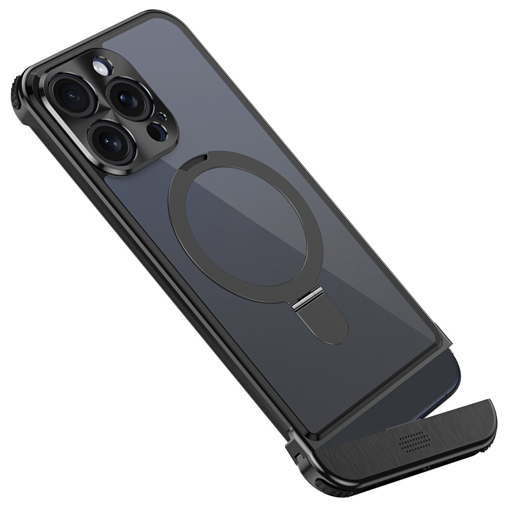 For iPhone 14 Pro Magnetic Case Kickstand Acrylic+Aluminum Alloy Cover Aromatherapy Tablet - Black