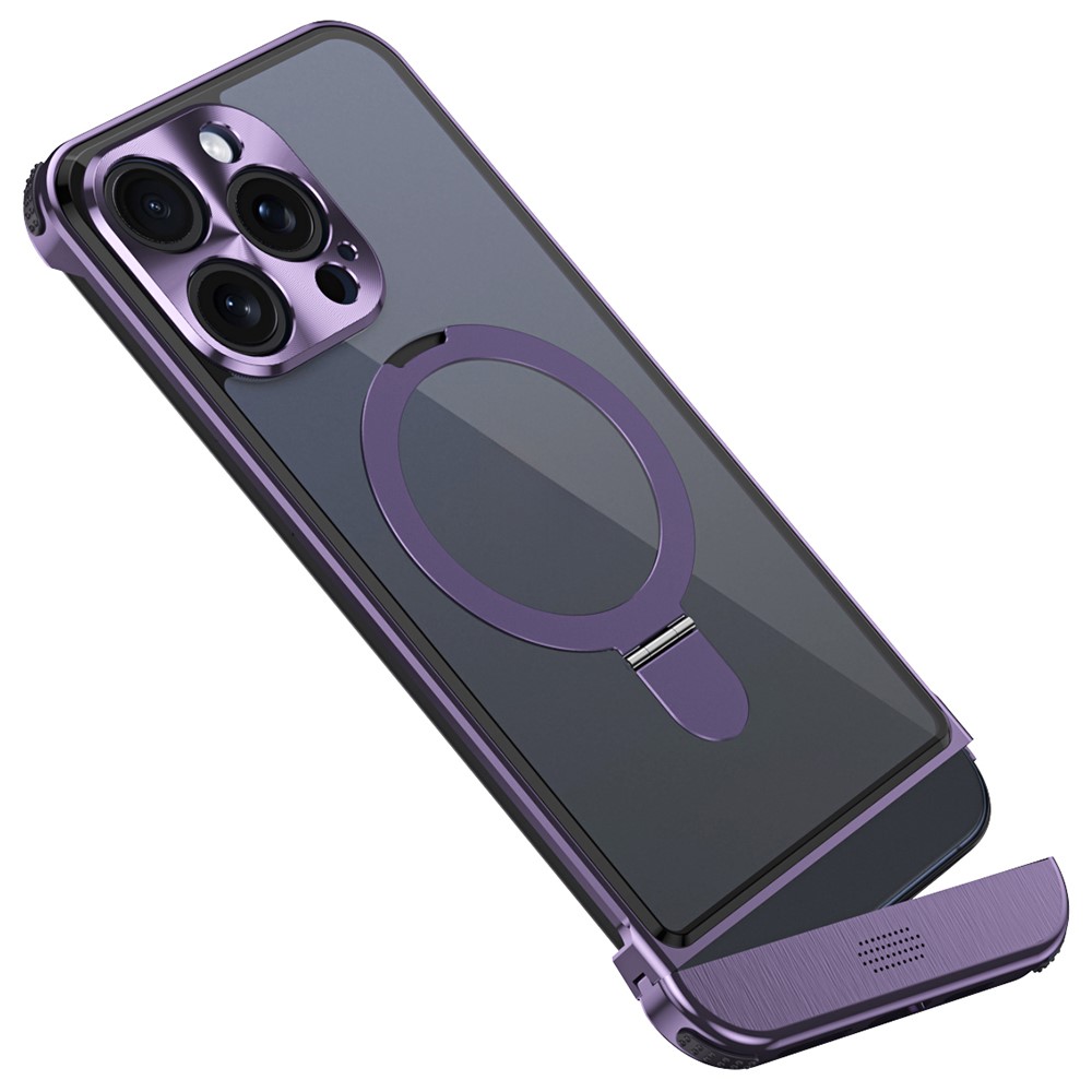 For iPhone 14 Pro Magnetic Case Kickstand Acrylic+Aluminum Alloy Cover Aromatherapy Tablet - Purple