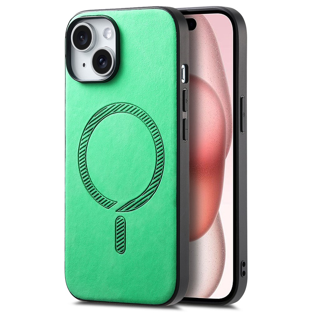 For iPhone 15 Leather Back Case Compatible with MagSafe Skin-Touch Phone Cover - Green