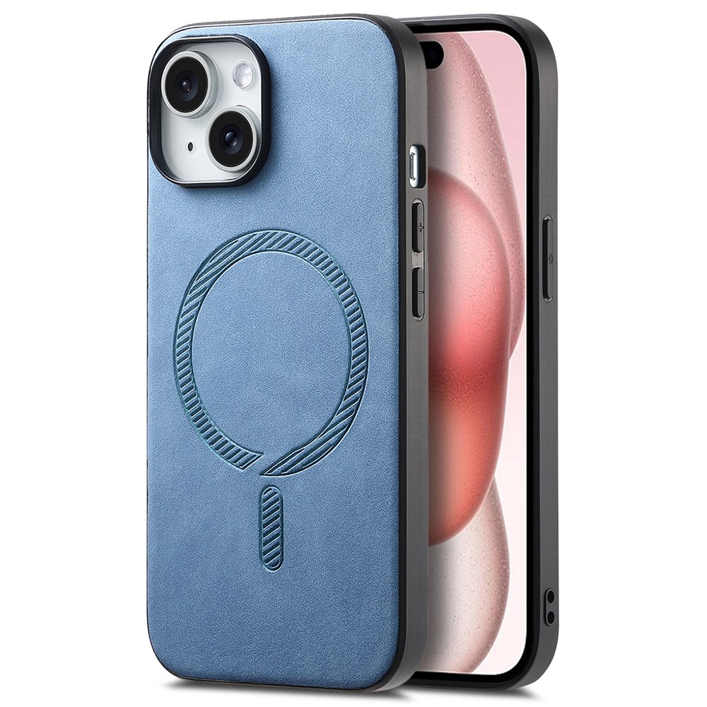 For iPhone 15 Leather Back Case Compatible with MagSafe Skin-touch Phone Cover - Blue