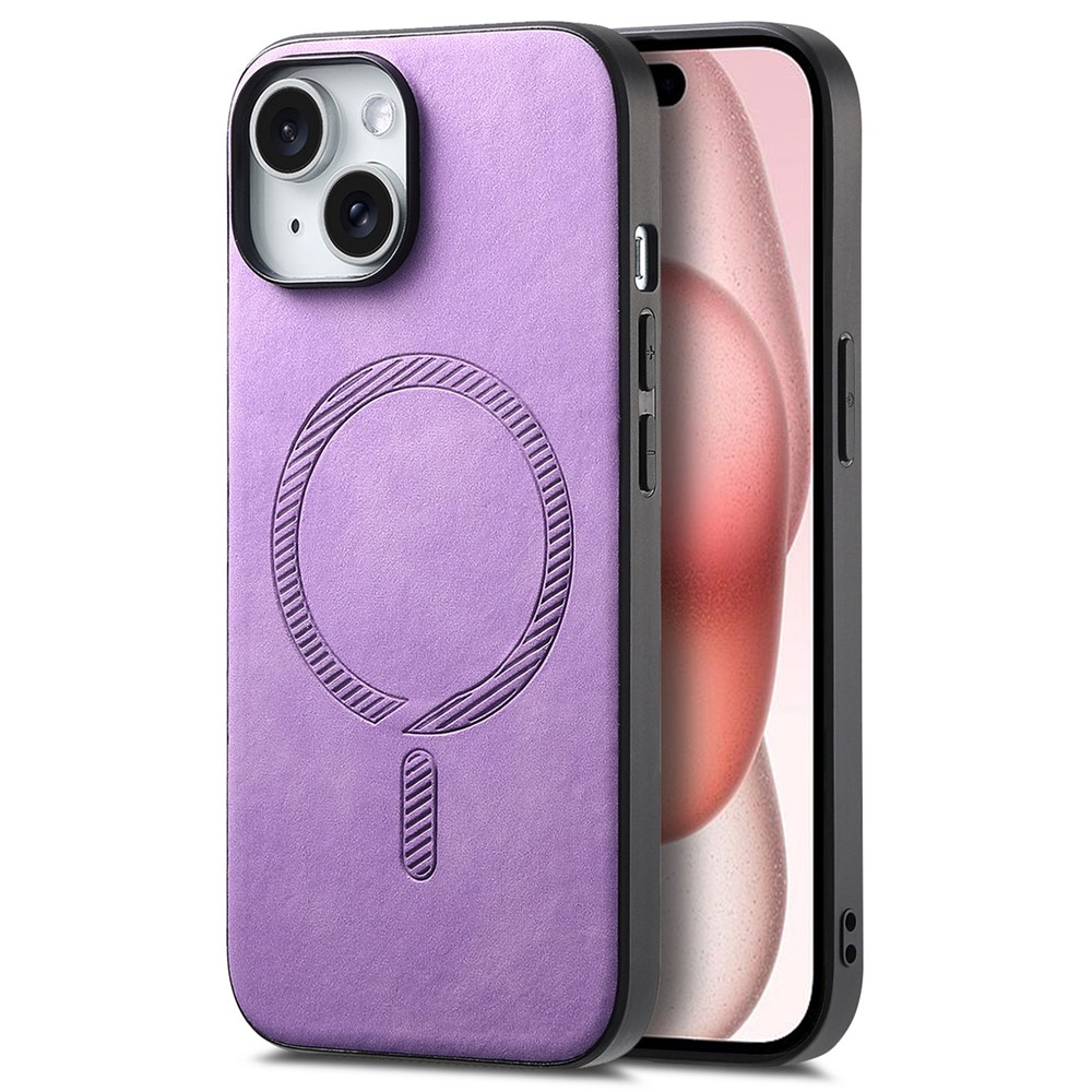 For iPhone 15 Leather Back Case Compatible with MagSafe Skin-touch Phone Cover - Purple