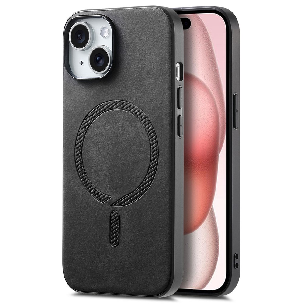 For iPhone 15 Leather Back Case Compatible with MagSafe Skin-touch Phone Cover - Black