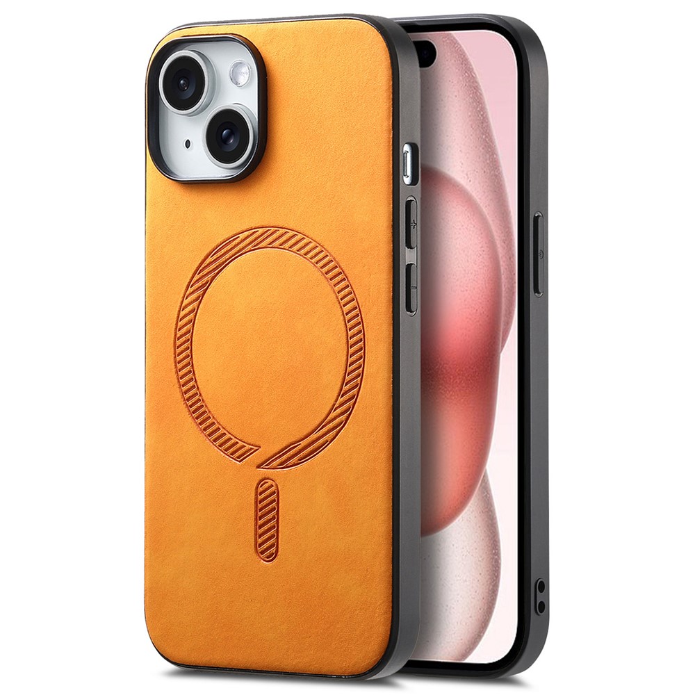 For iPhone 15 Leather Back Case Compatible with MagSafe Skin-touch Phone Cover - Yellow