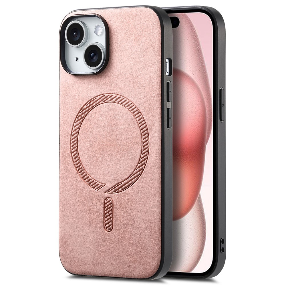 For iPhone 15 Leather Back Case Compatible with MagSafe Skin-touch Phone Cover - Pink