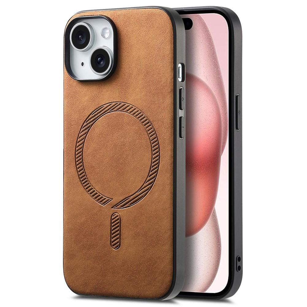 For iPhone 15 Leather Back Case Compatible with MagSafe Skin-touch Phone Cover - Brown