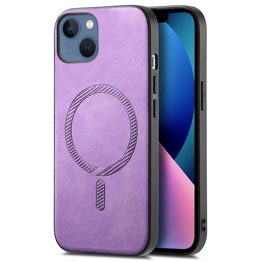 For iPhone 13 Leather Back Case Compatible with MagSafe Skin-touch Phone Cover - Purple
