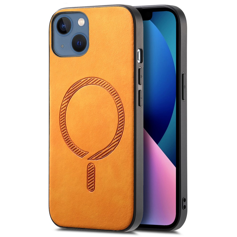 For iPhone 13 Leather Back Case Compatible with MagSafe Skin-touch Phone Cover - Yellow