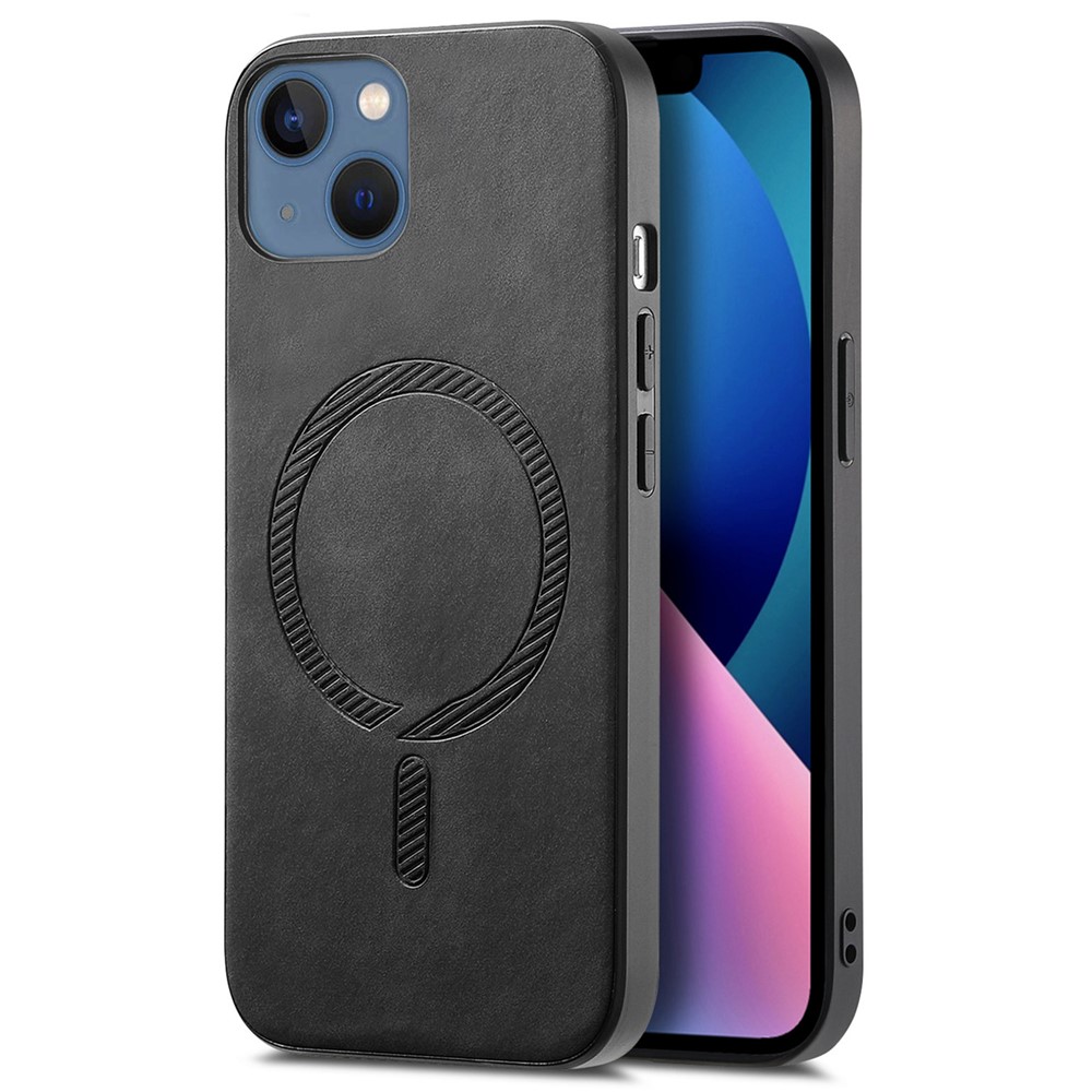 For iPhone 13 Leather Back Case Compatible with MagSafe Skin-touch Phone Cover - Black