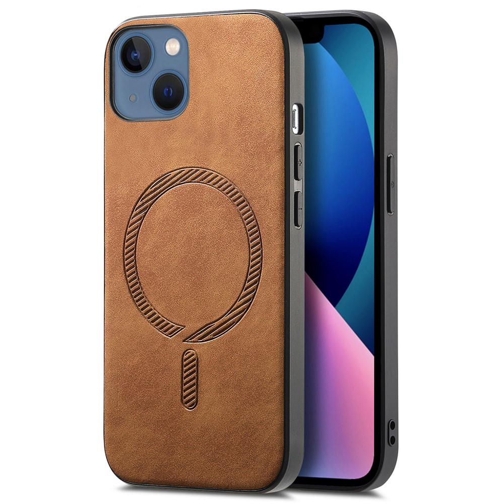 For iPhone 13 Leather Back Case Compatible with MagSafe Skin-touch Phone Cover - Brown