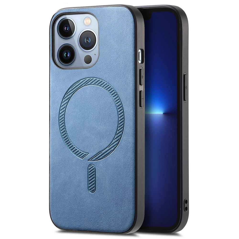For iPhone 13 Pro Leather Back Case Compatible with MagSafe Skin-touch Phone Cover - Blue
