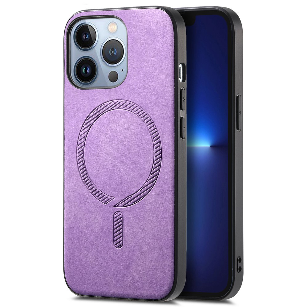 For iPhone 13 Pro Leather Back Case Compatible with MagSafe Skin-touch Phone Cover - Purple
