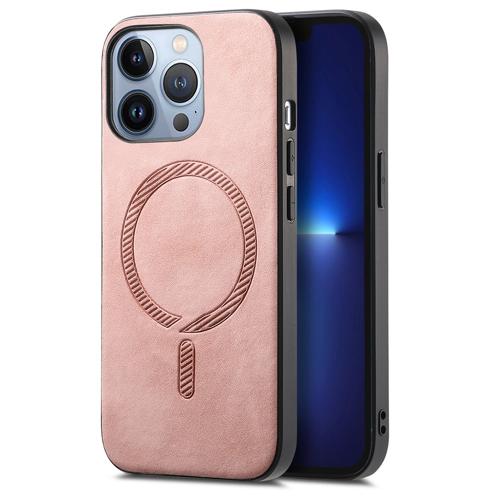 For iPhone 13 Pro Leather Back Case Compatible with MagSafe Skin-touch Phone Cover - Pink