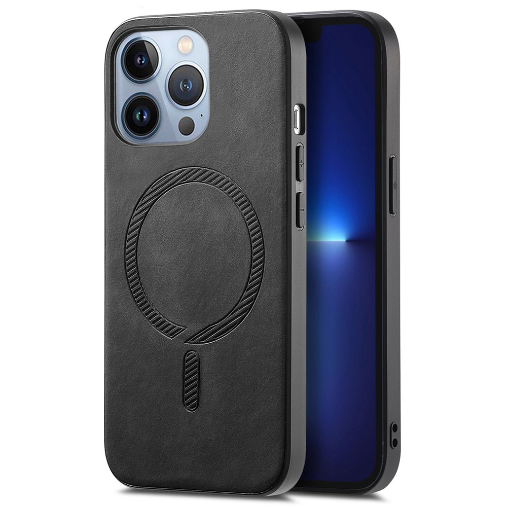For iPhone 13 Pro Leather Back Case Compatible with MagSafe Skin-touch Phone Cover - Black