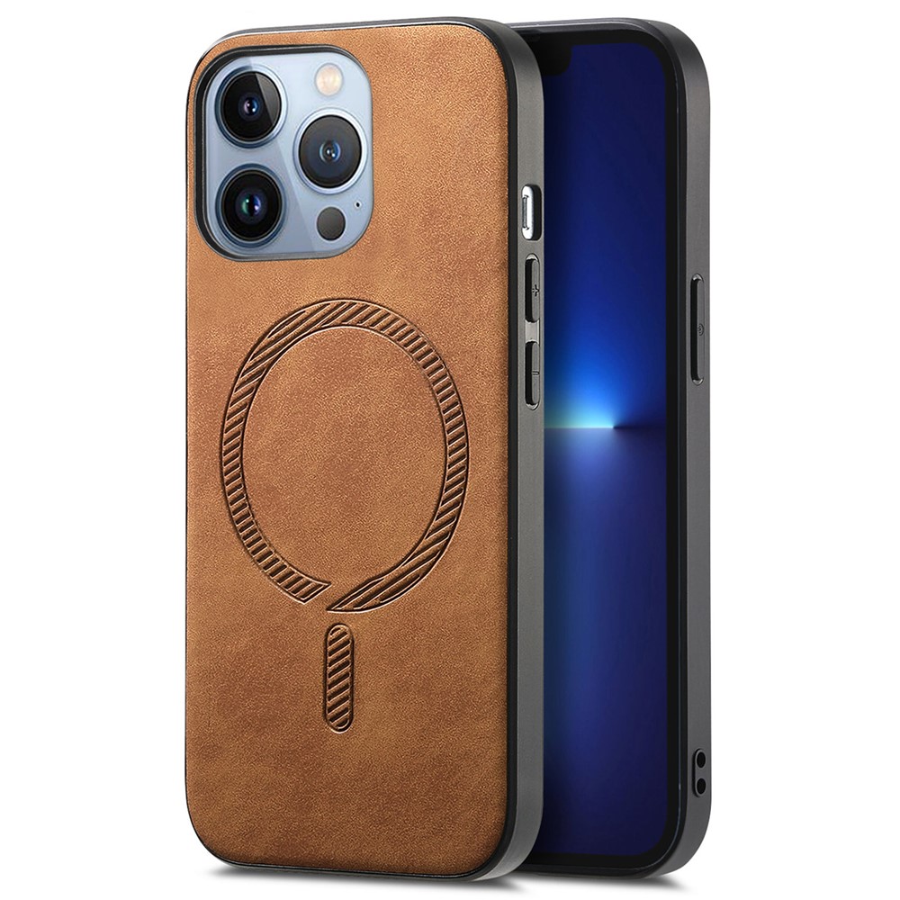 For iPhone 13 Pro Leather Back Case Compatible with MagSafe Skin-touch Phone Cover - Brown