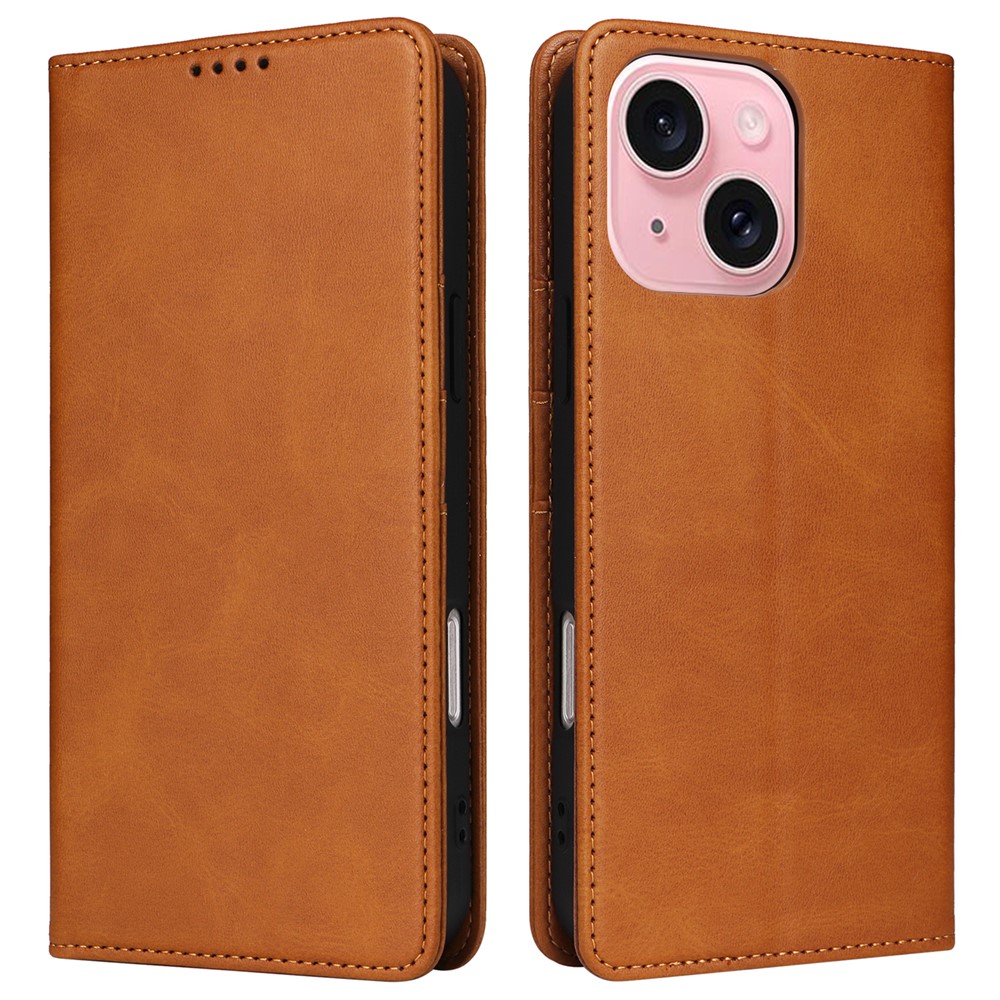 For iPhone 15 Wallet Case RFID Blocking Leather Phone Cover Stand View - Brown
