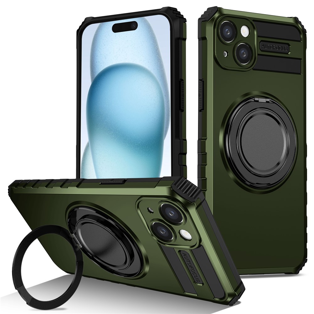 For iPhone 14 Case Compatible with MagSafe Rotary Kickstand Anti-Drop TPU+PC Phone Cover - Blackish Green
