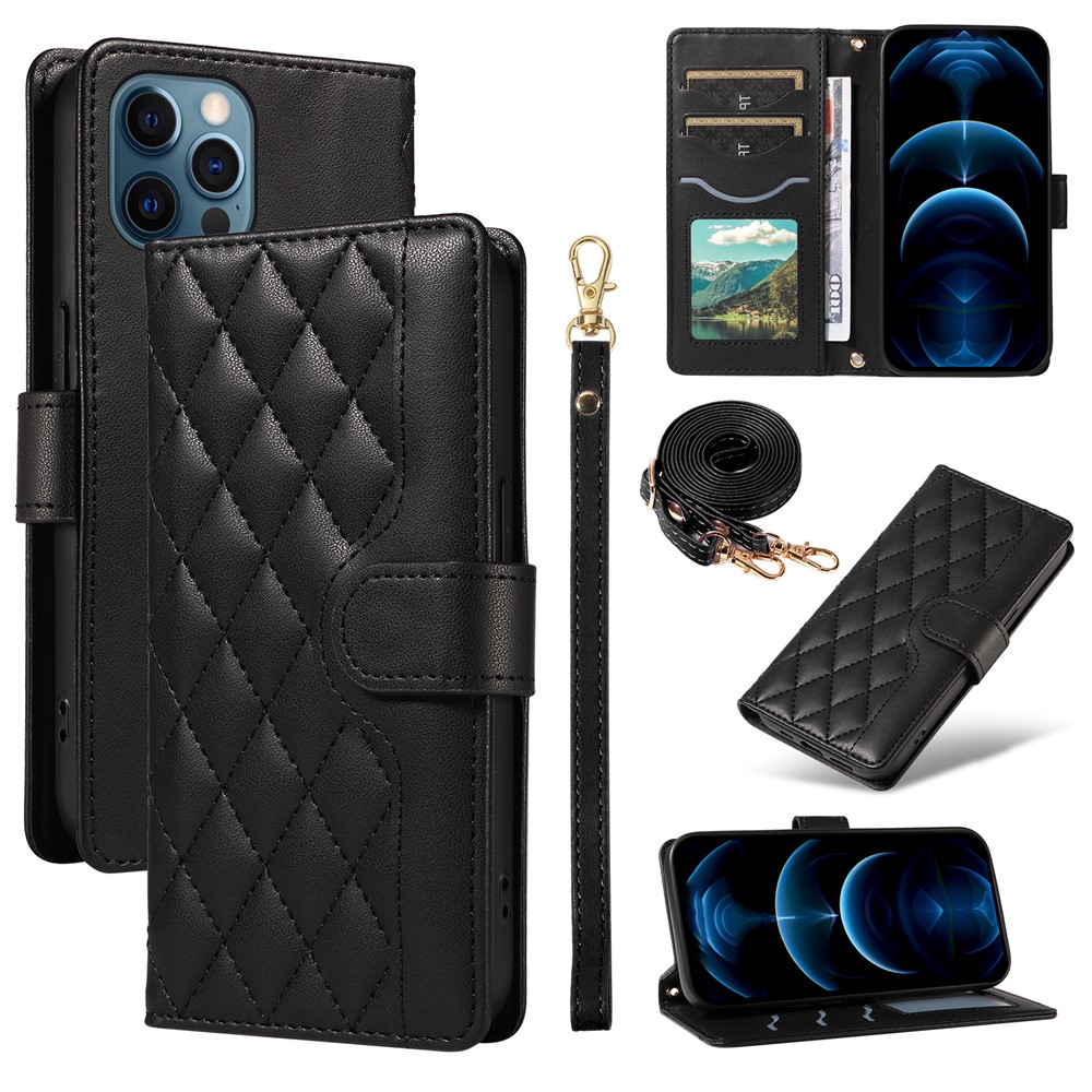 For iPhone 13 Pro Max Case Rhombus Leather Crossbody Wallet Phone Cover - Black