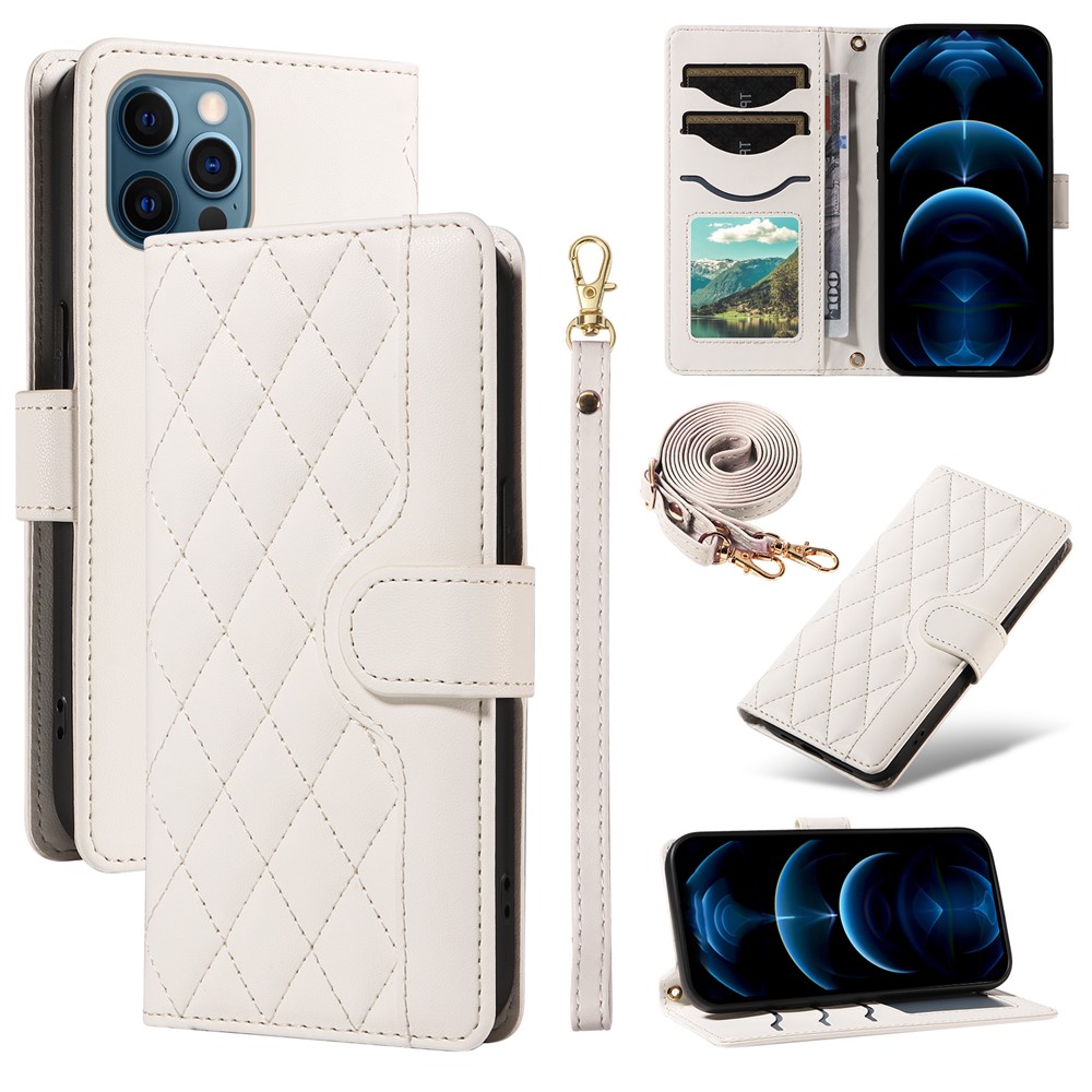For iPhone 13 Pro Max Case Rhombus Leather Crossbody Wallet Phone Cover - White