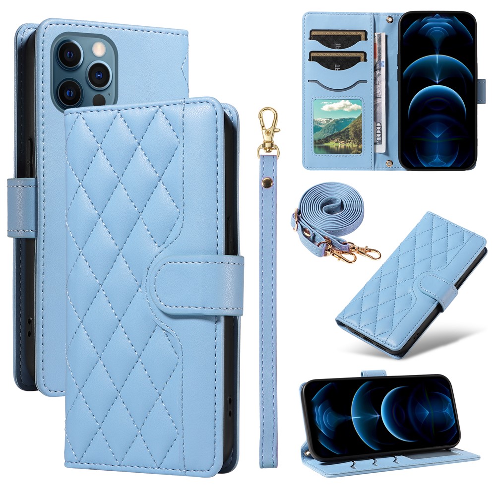 For iPhone 13 Pro Max Case Rhombus Leather Crossbody Wallet Phone Cover - Blue