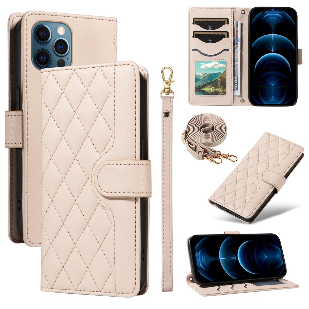 For iPhone 13 Pro Max Case Rhombus Leather Crossbody Wallet Phone Cover - Apricot