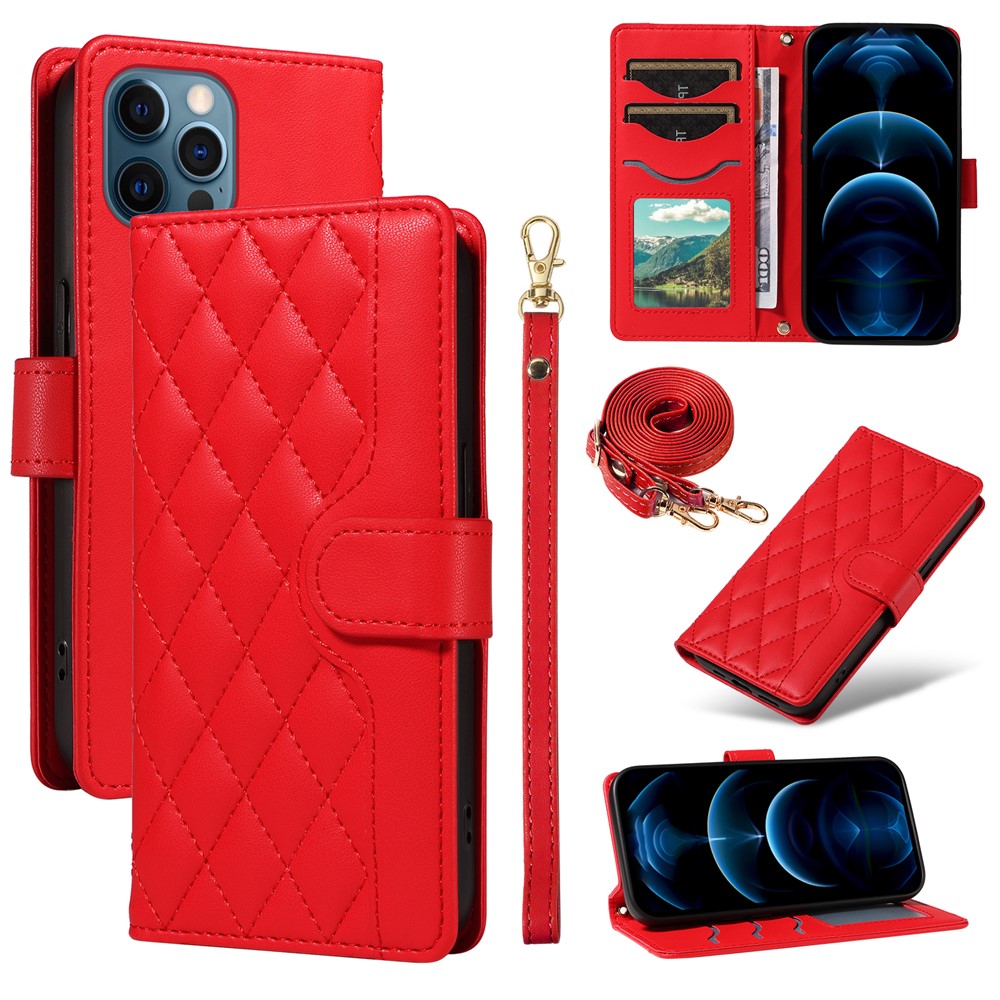 For iPhone 13 Pro Max Case Rhombus Leather Crossbody Wallet Phone Cover - Red