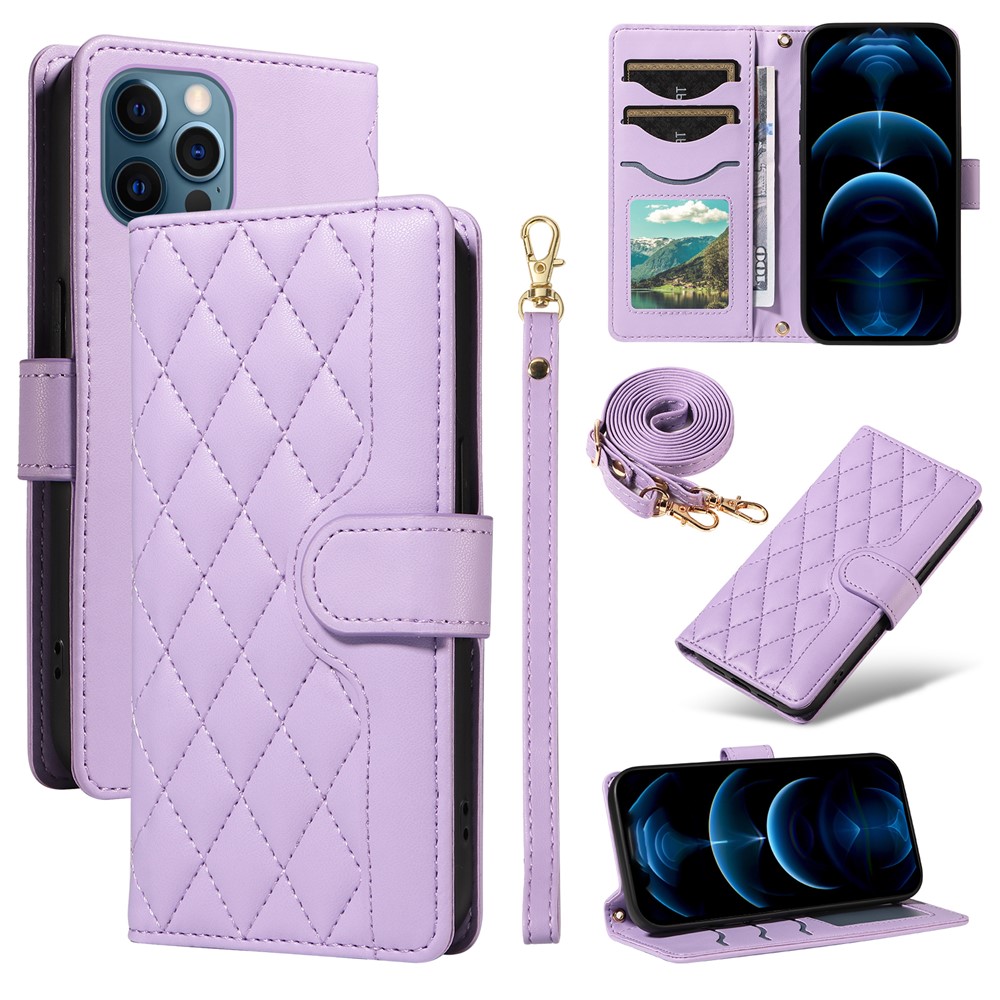 For iPhone 13 Pro Max Case Rhombus Leather Crossbody Wallet Phone Cover - Light Purple