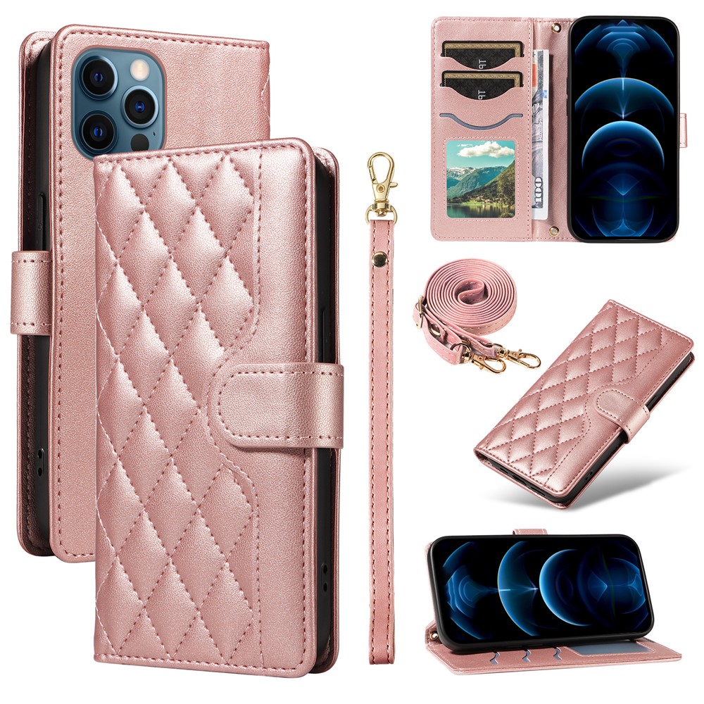 For iPhone 13 Pro Max Case Rhombus Leather Crossbody Wallet Phone Cover - Rose Gold