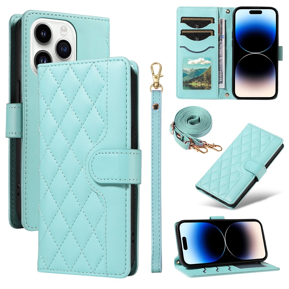 For iPhone 14 Pro Crossbody Case Rhombus Leather Stand Flip Protective Cover - Green