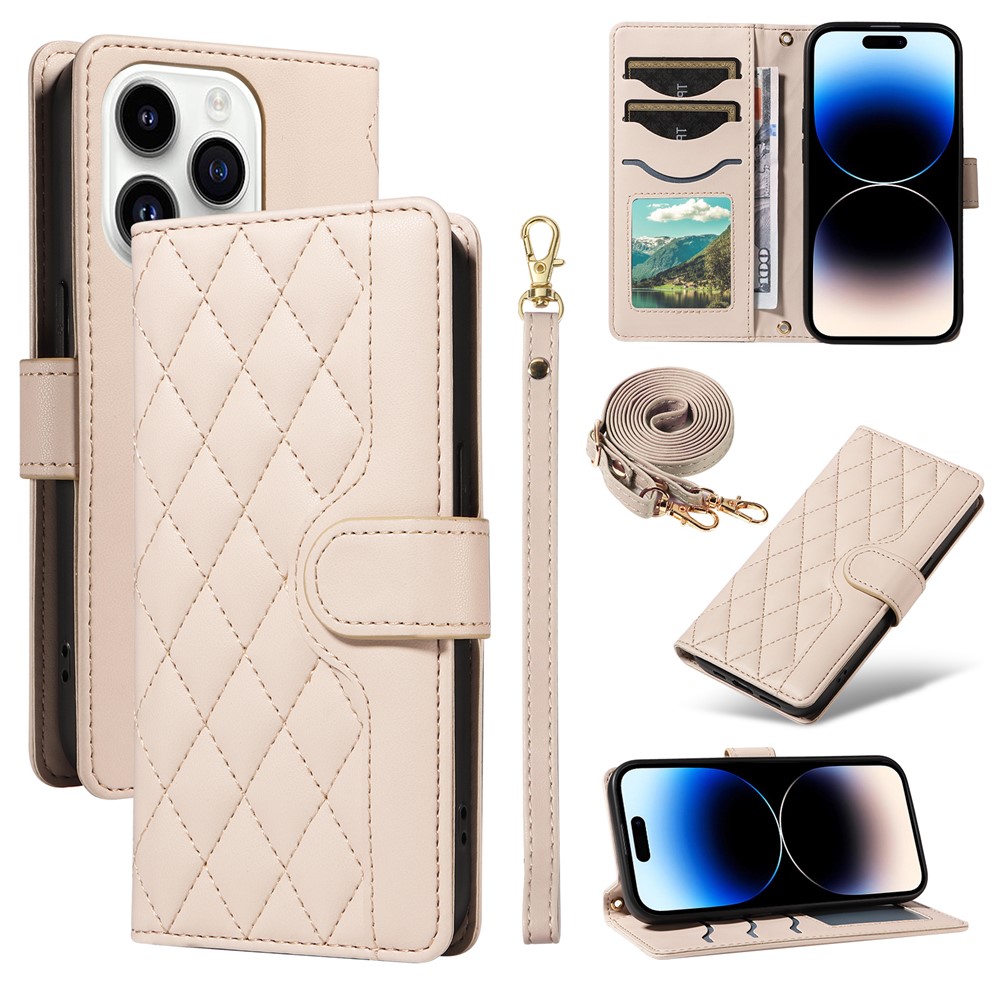 For iPhone 14 Pro Crossbody Case Rhombus Leather Stand Flip Protective Cover - Apricot
