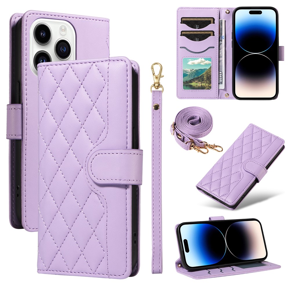 For iPhone 14 Pro Crossbody Case Rhombus Leather Stand Flip Protective Cover - Light Purple