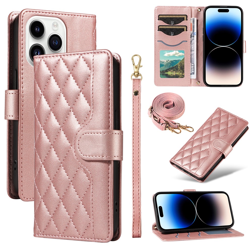For iPhone 14 Pro Crossbody Case Rhombus Leather Stand Flip Protective Cover - Rose Gold