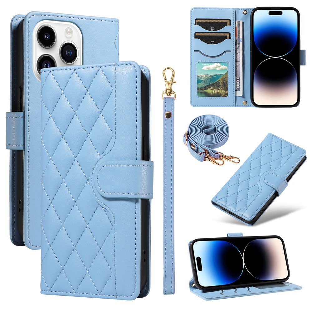 For iPhone 14 Pro Max Case Rhombus Grid Leather Phone Cover Wallet with Lanyards - Blue